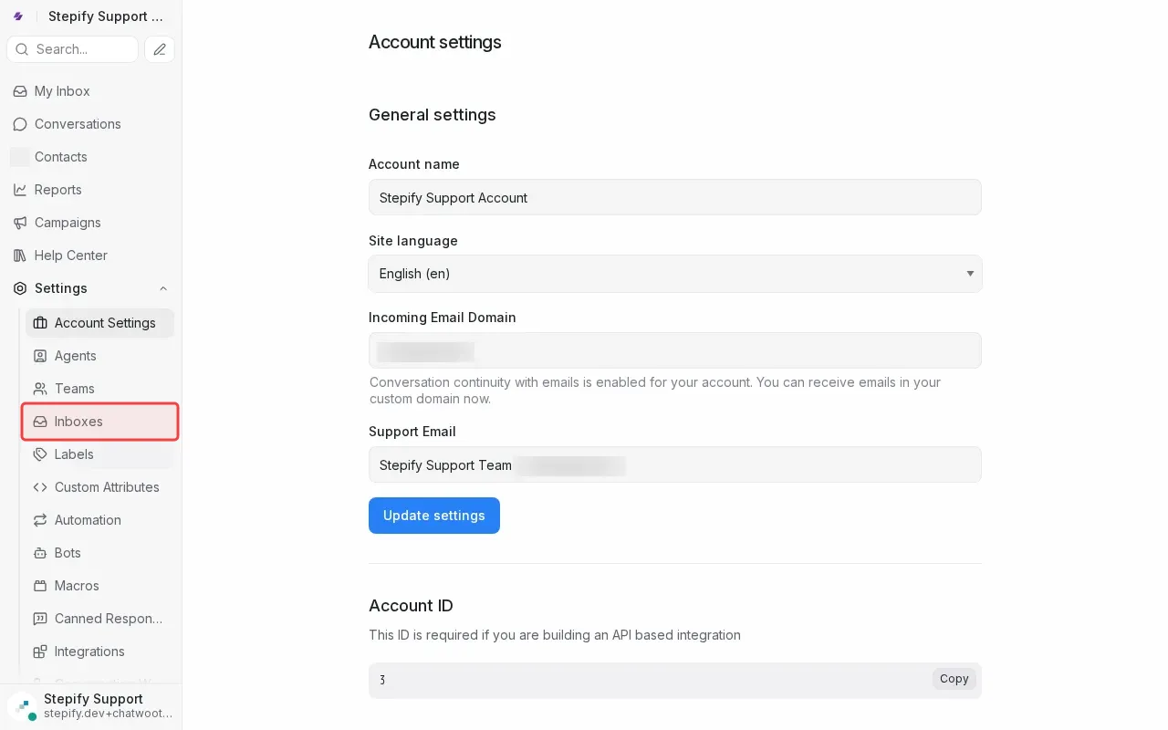 Screenshot showing clicking Inboxes in settings menu to manage inboxes