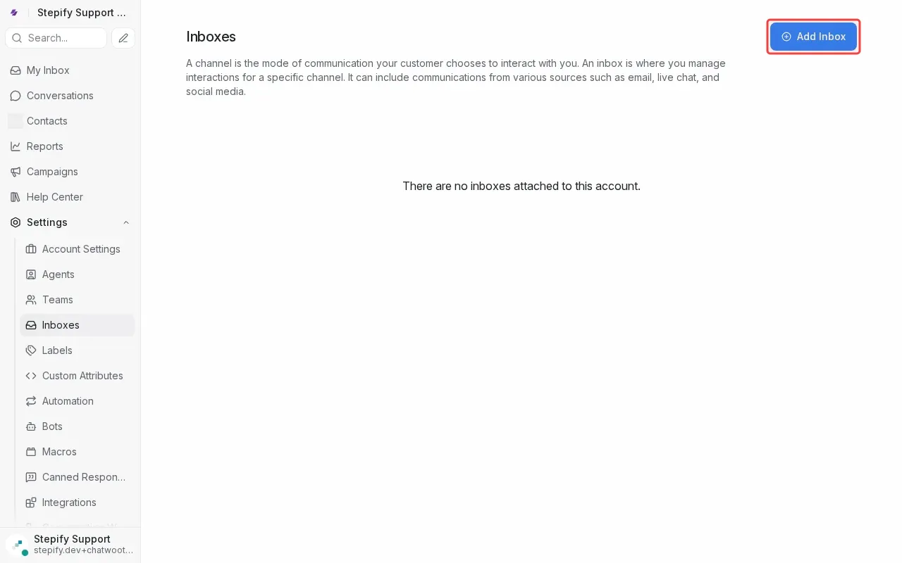 Screenshot showing clicking Add Inbox to start creating new inbox