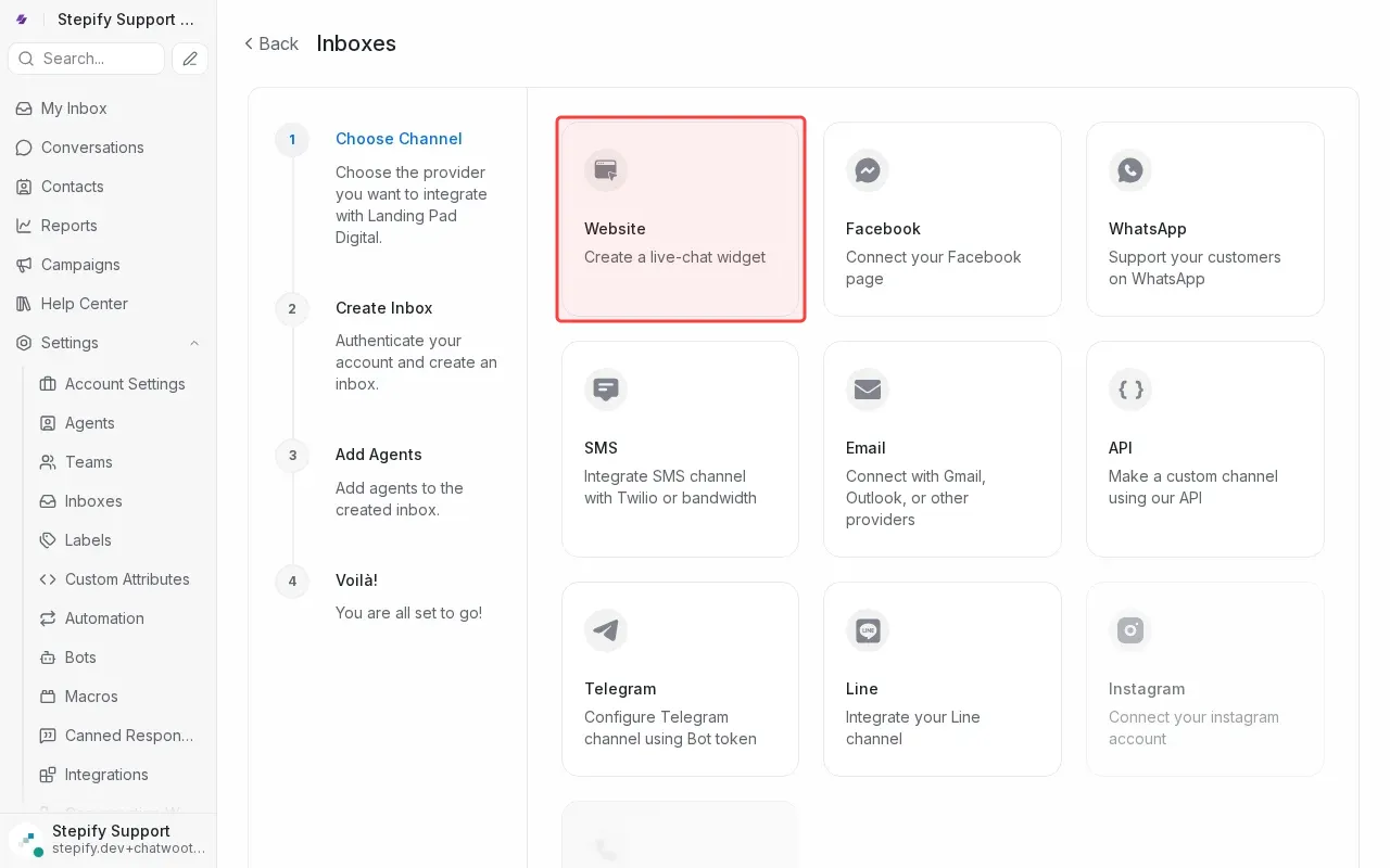 Screenshot showing clicking Website to create a live-chat widget inbox