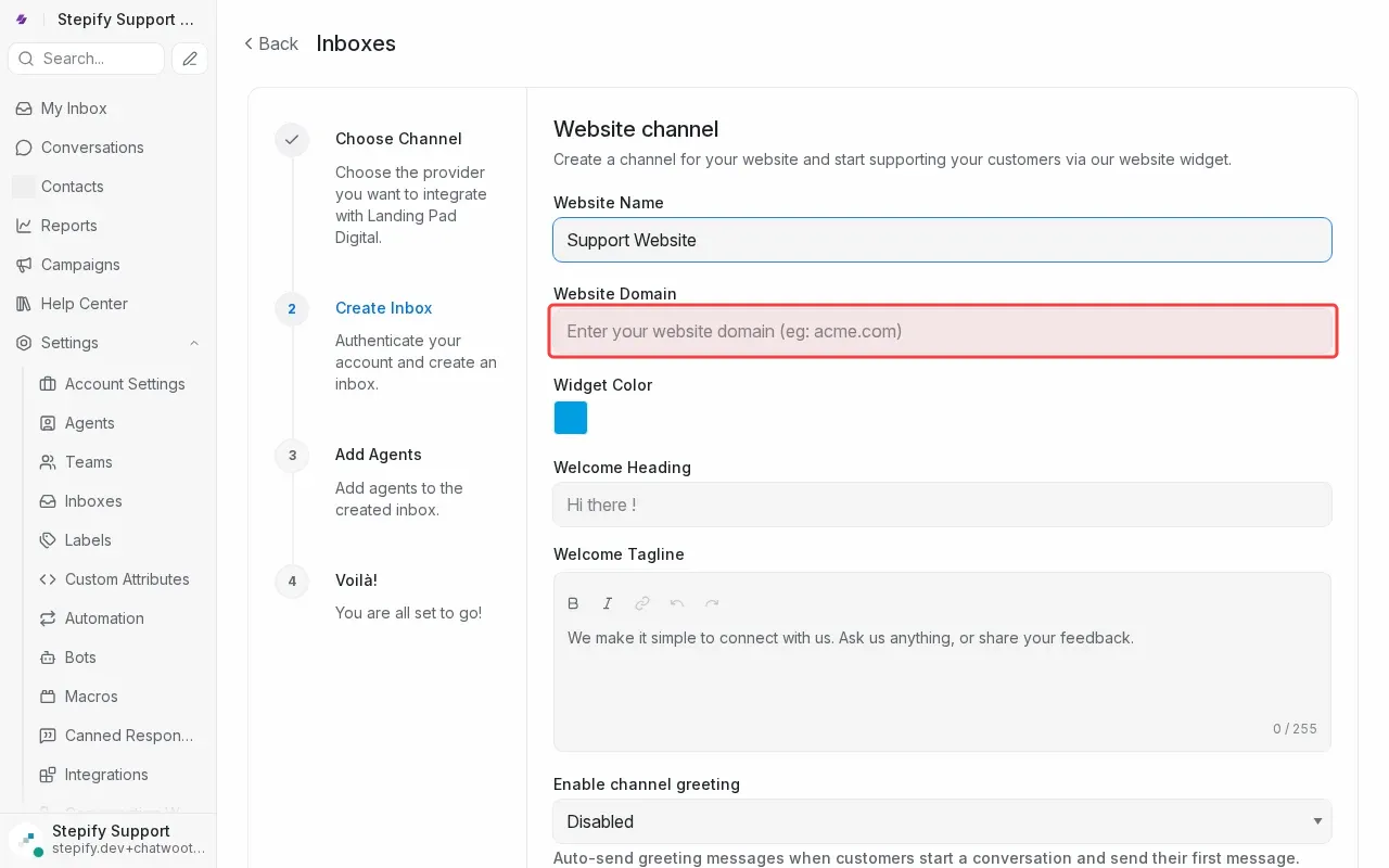 Screenshot showing typing website domain in the domain field