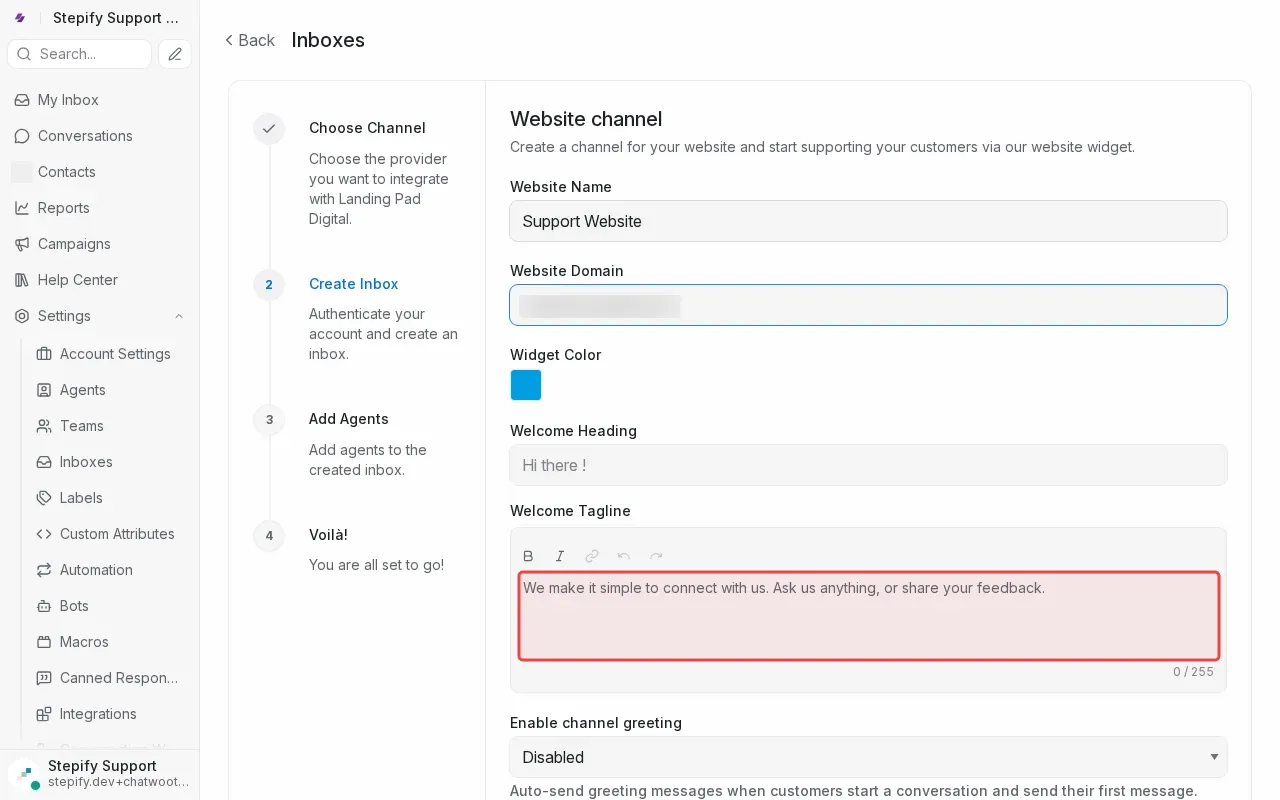 Screenshot showing typing welcome message in the tagline field