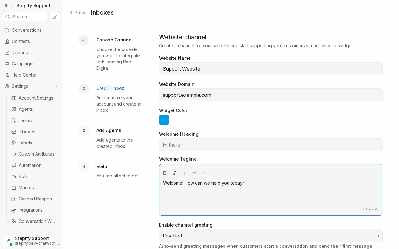 Screenshot showing scrolling down to find the create inbox button