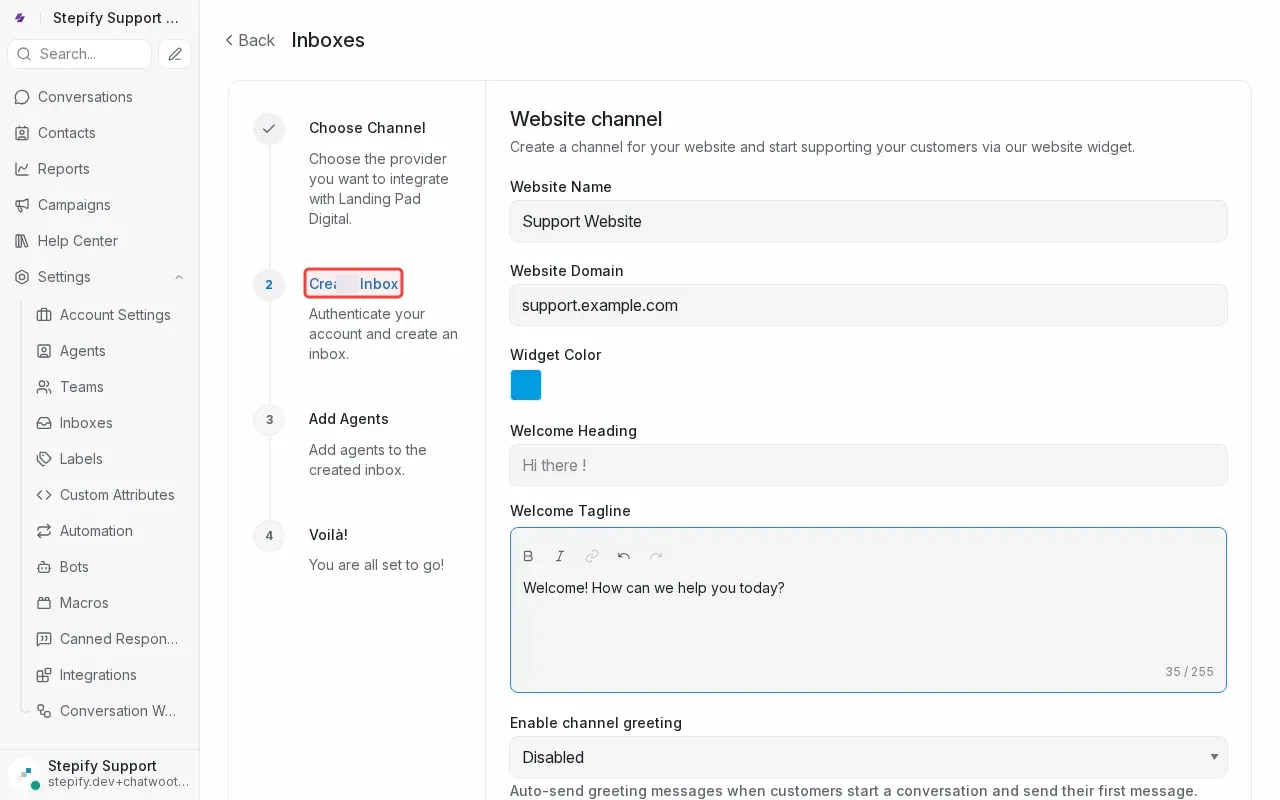 Screenshot showing clicking Create Inbox to complete the setup