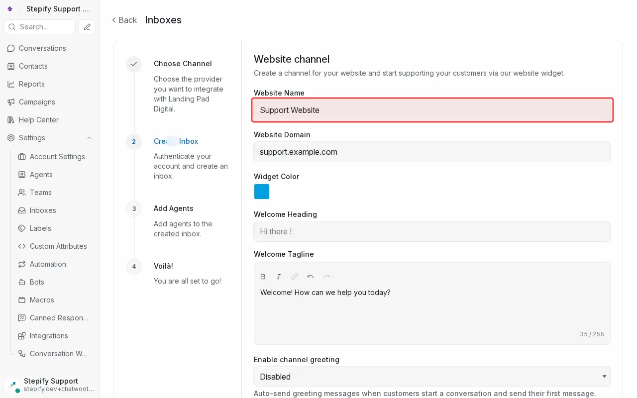 Screenshot showing typing website name in the Website Name field