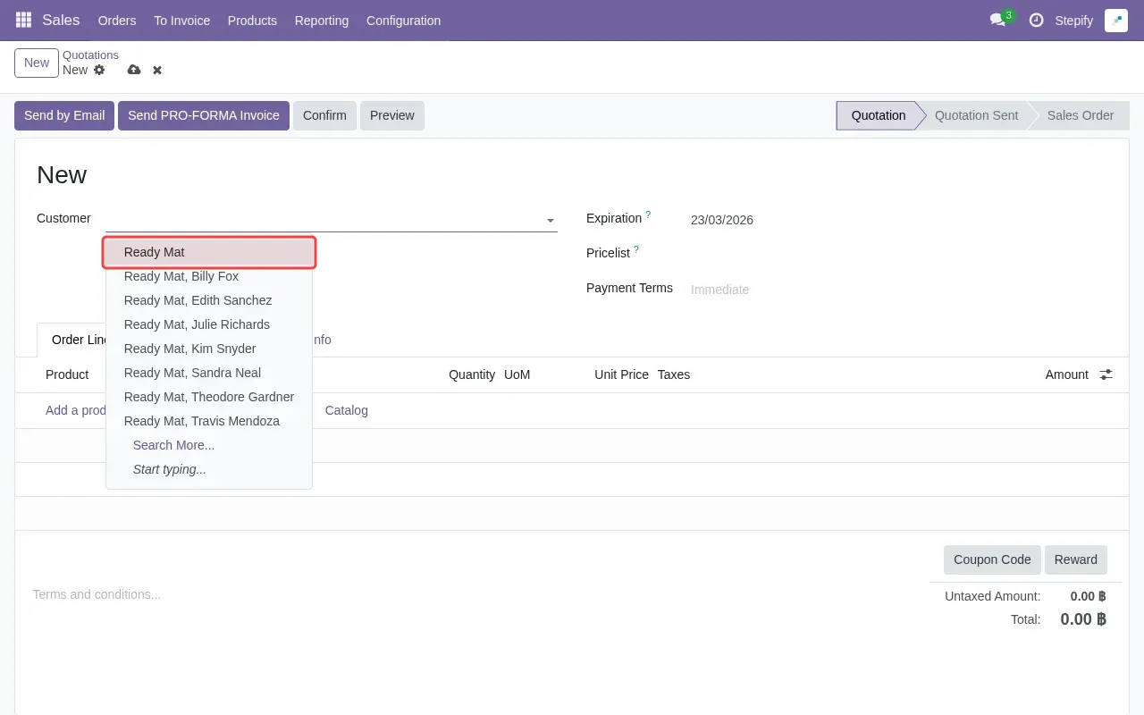 Screenshot showing selecting Ready Mat customer from dropdown