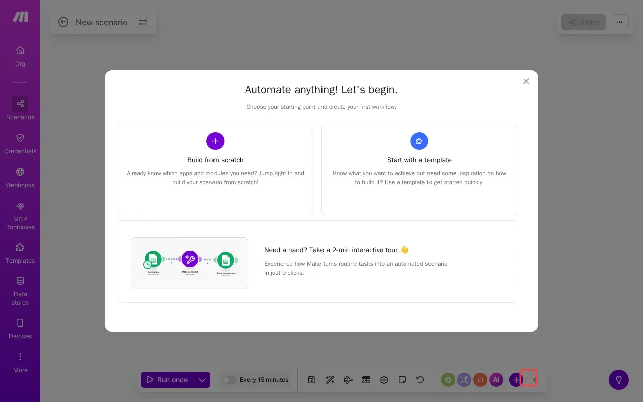 Screenshot showing clicking the X (close) button in the top-right corner of Automate anything! Lets begin. modal to close this onboarding dialog and return to the main