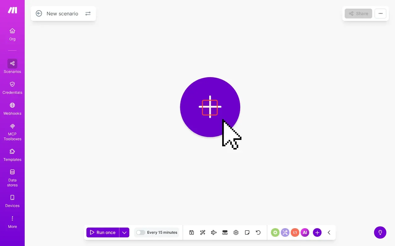 Screenshot showing clicking the large purple plus (+) button in the center of the canvas to open the module selection interface