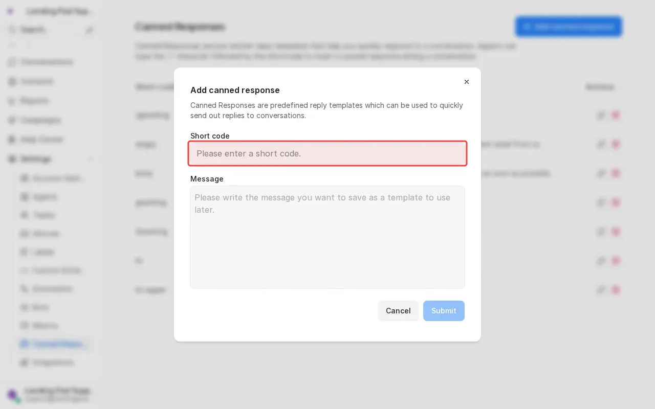 Screenshot showing typing Thank You in the short code field