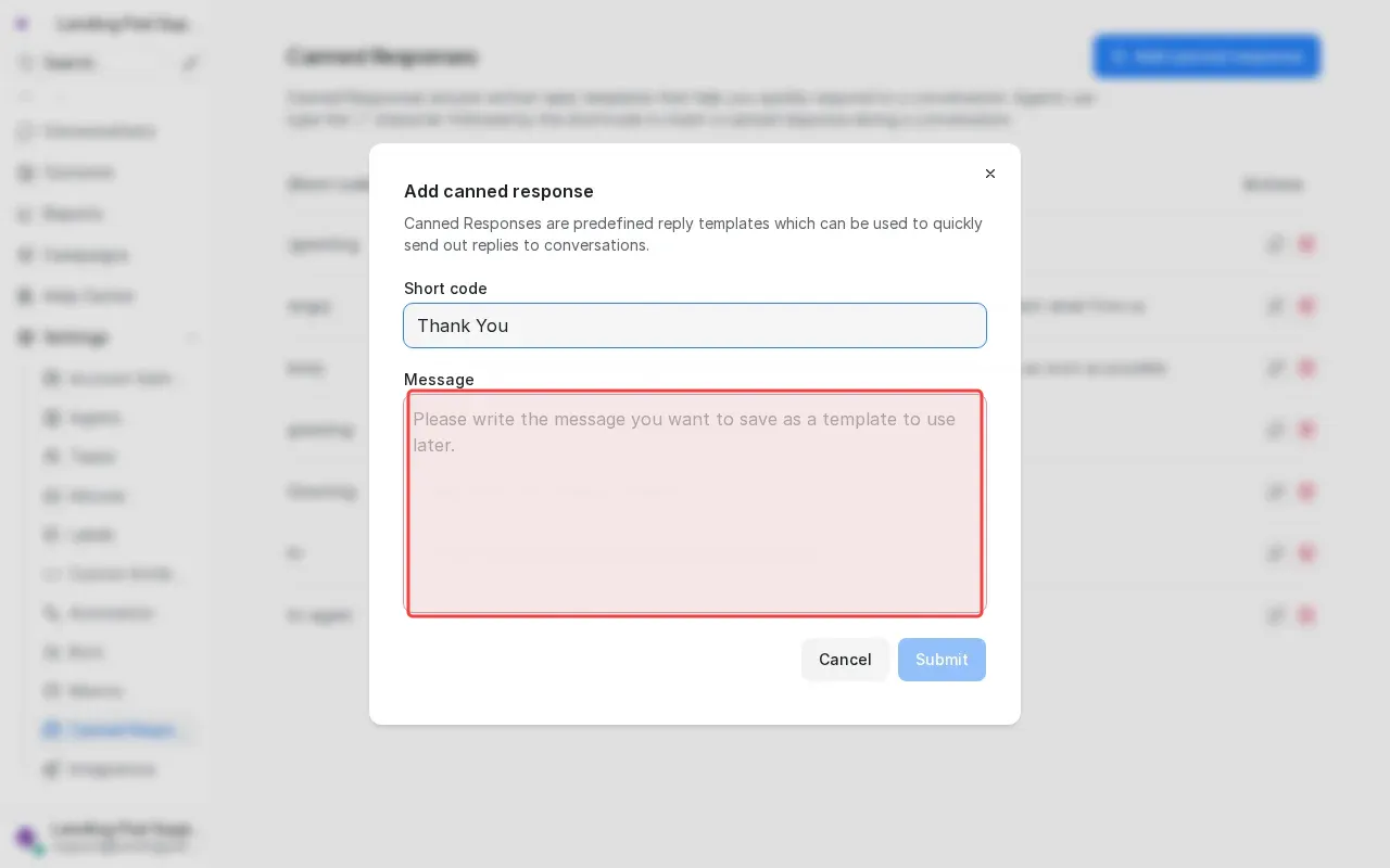 Screenshot showing typing thank you message in the content textarea