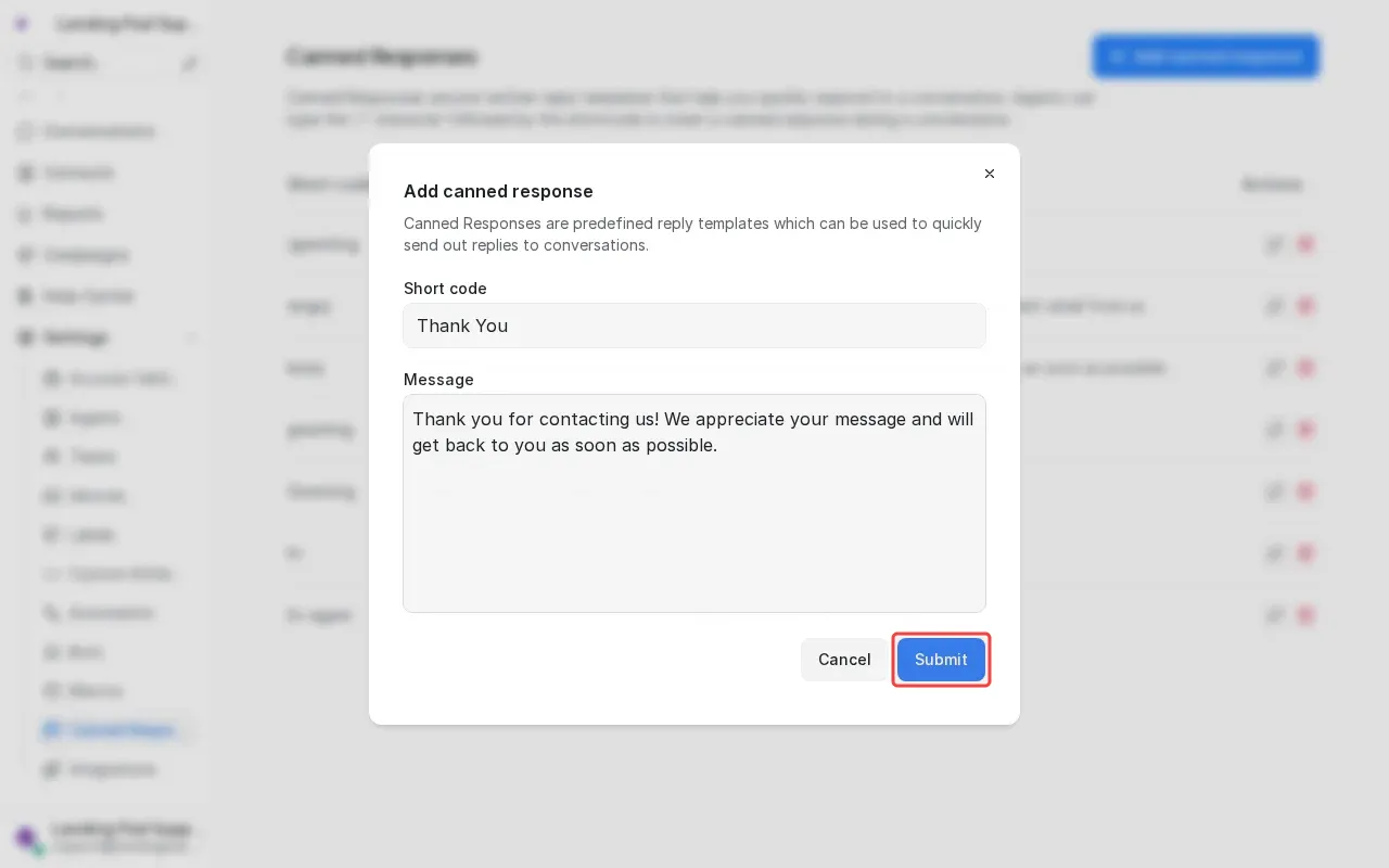 Screenshot showing clicking Submit to save the canned response
