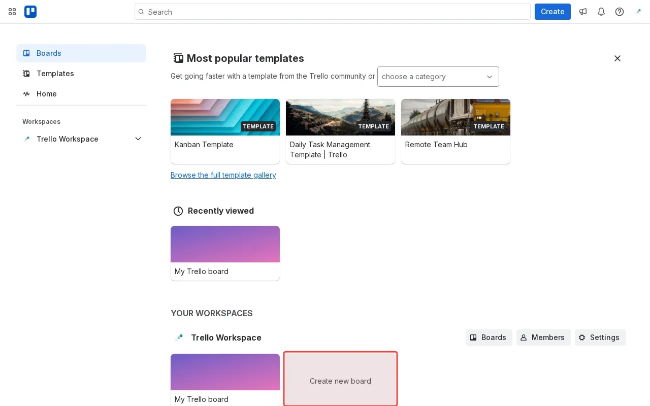 Screenshot showing clicking Create new board to start board creation