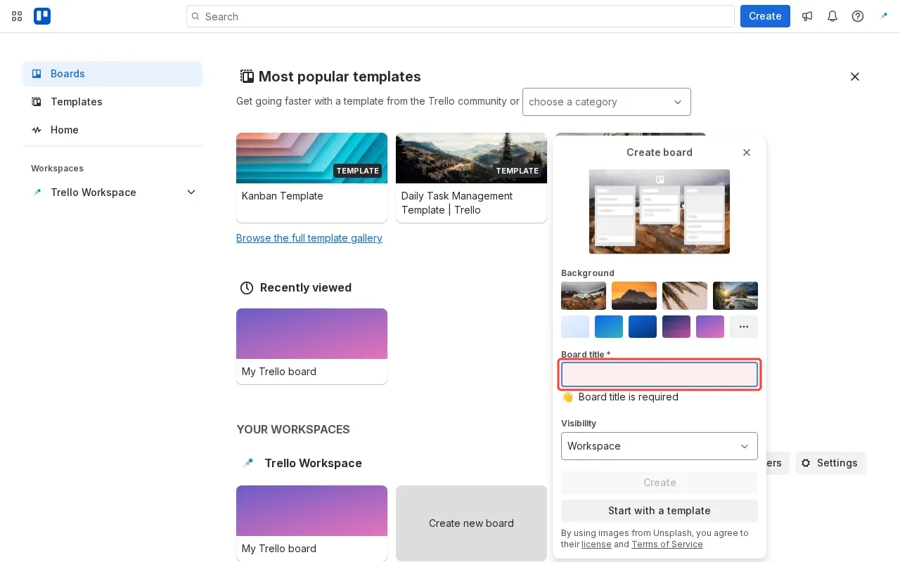 Screenshot showing typing board title in the required field