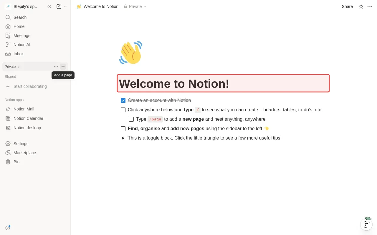 Screenshot showing typing page title in the title field