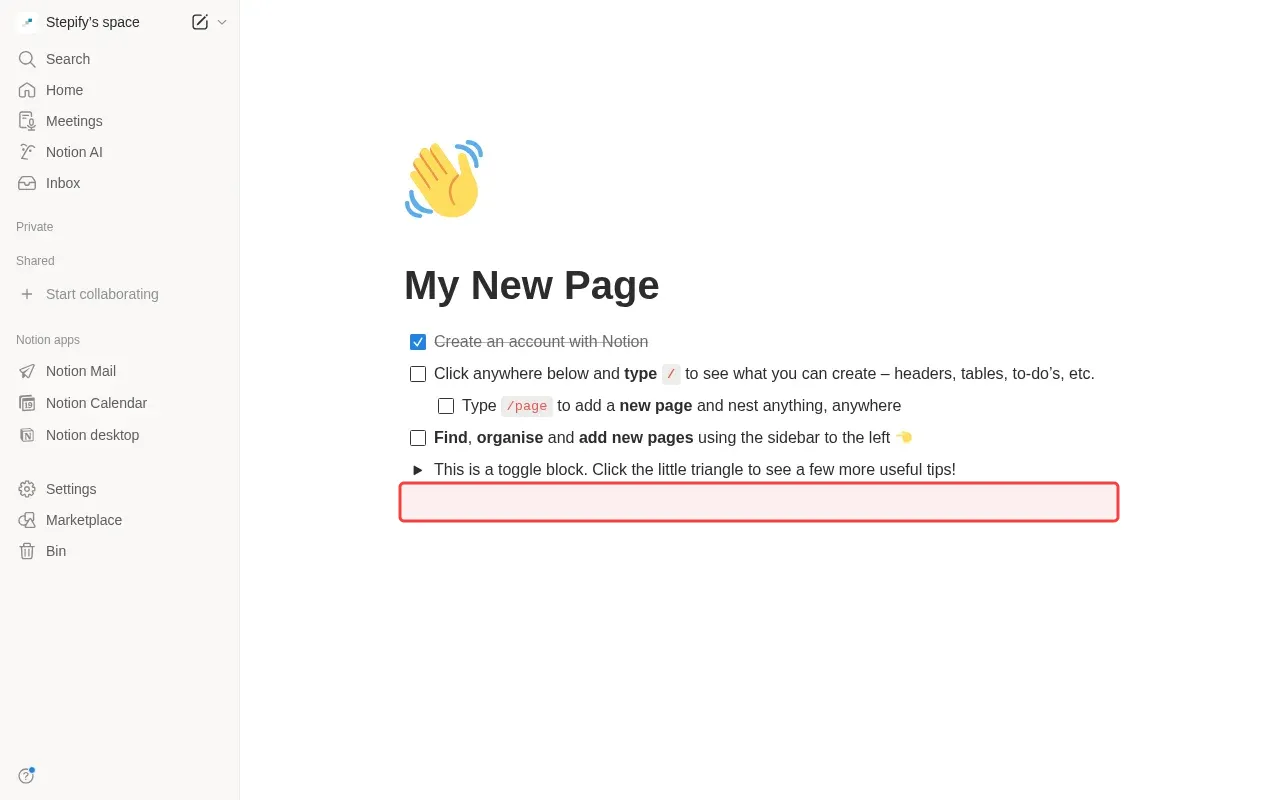 Screenshot showing typing heading text in the content area below title