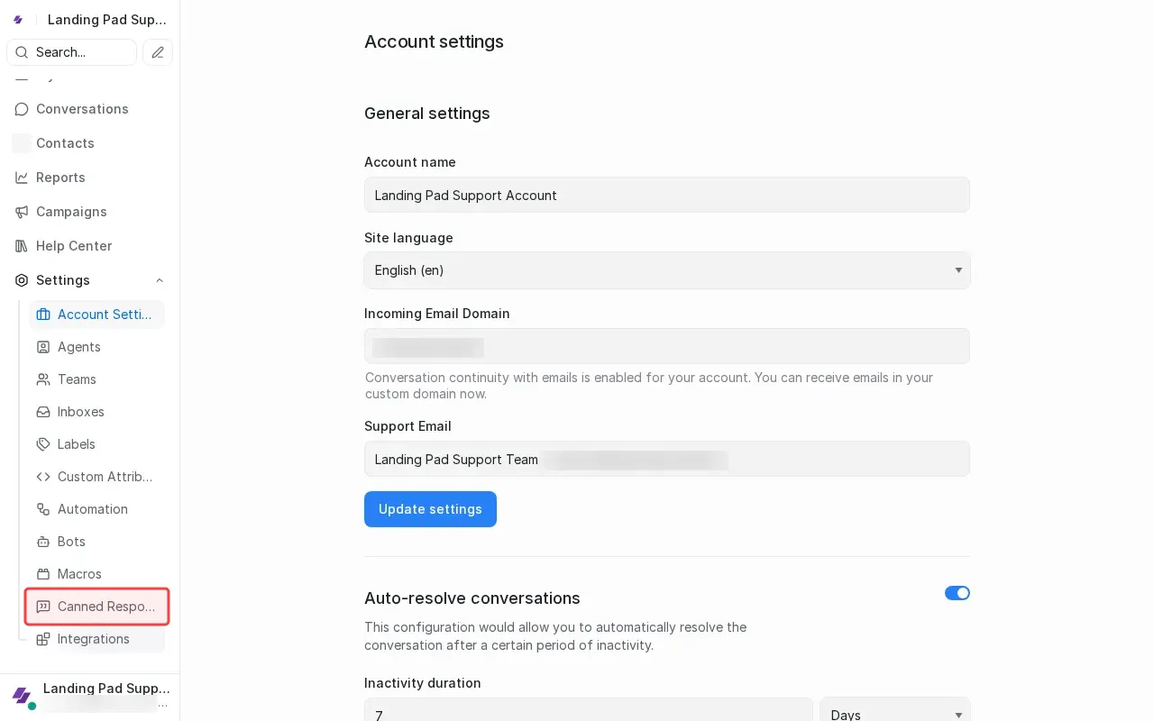 Screenshot showing clicking Canned Responses in the settings menu