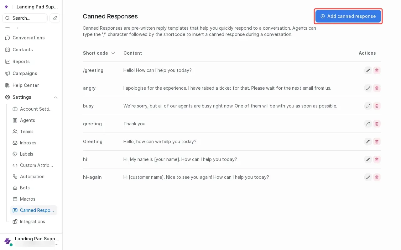 Screenshot showing clicking Add canned response button to open form