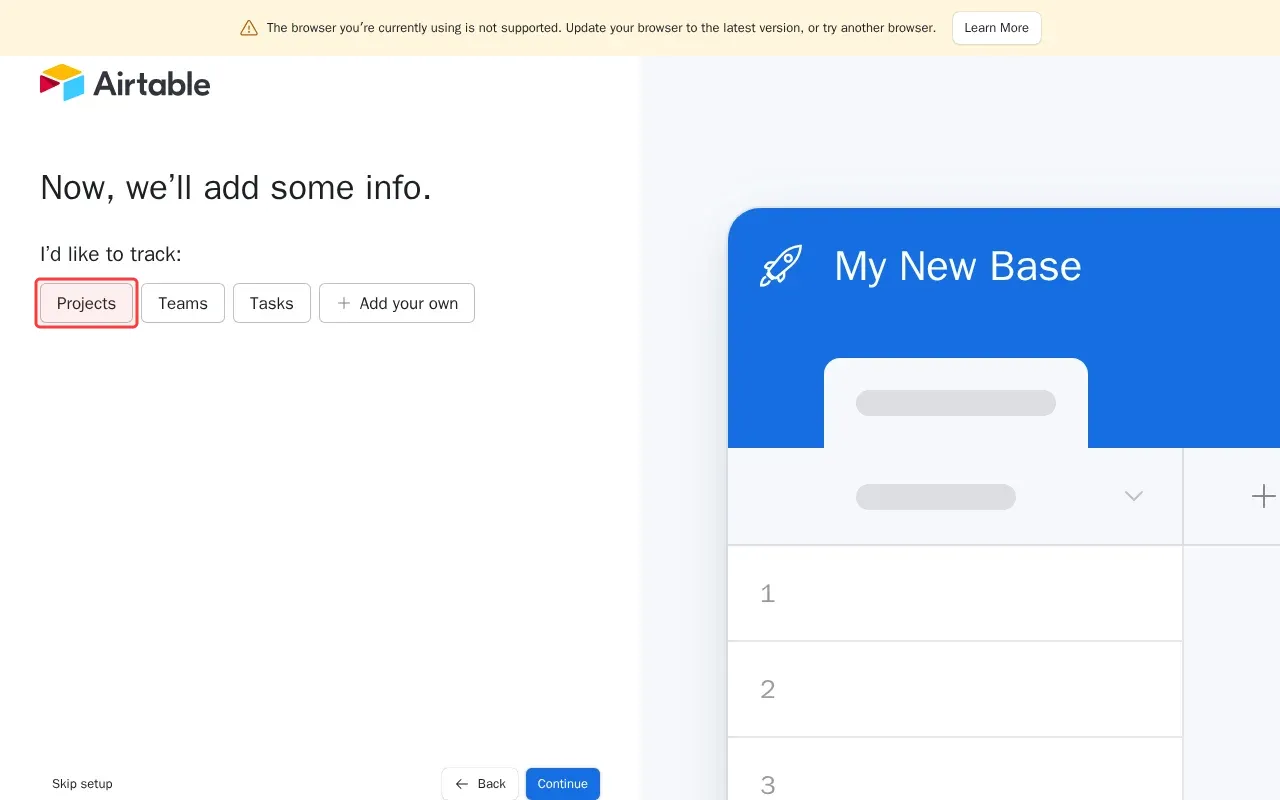 Screenshot showing typing My New Base in the base name field