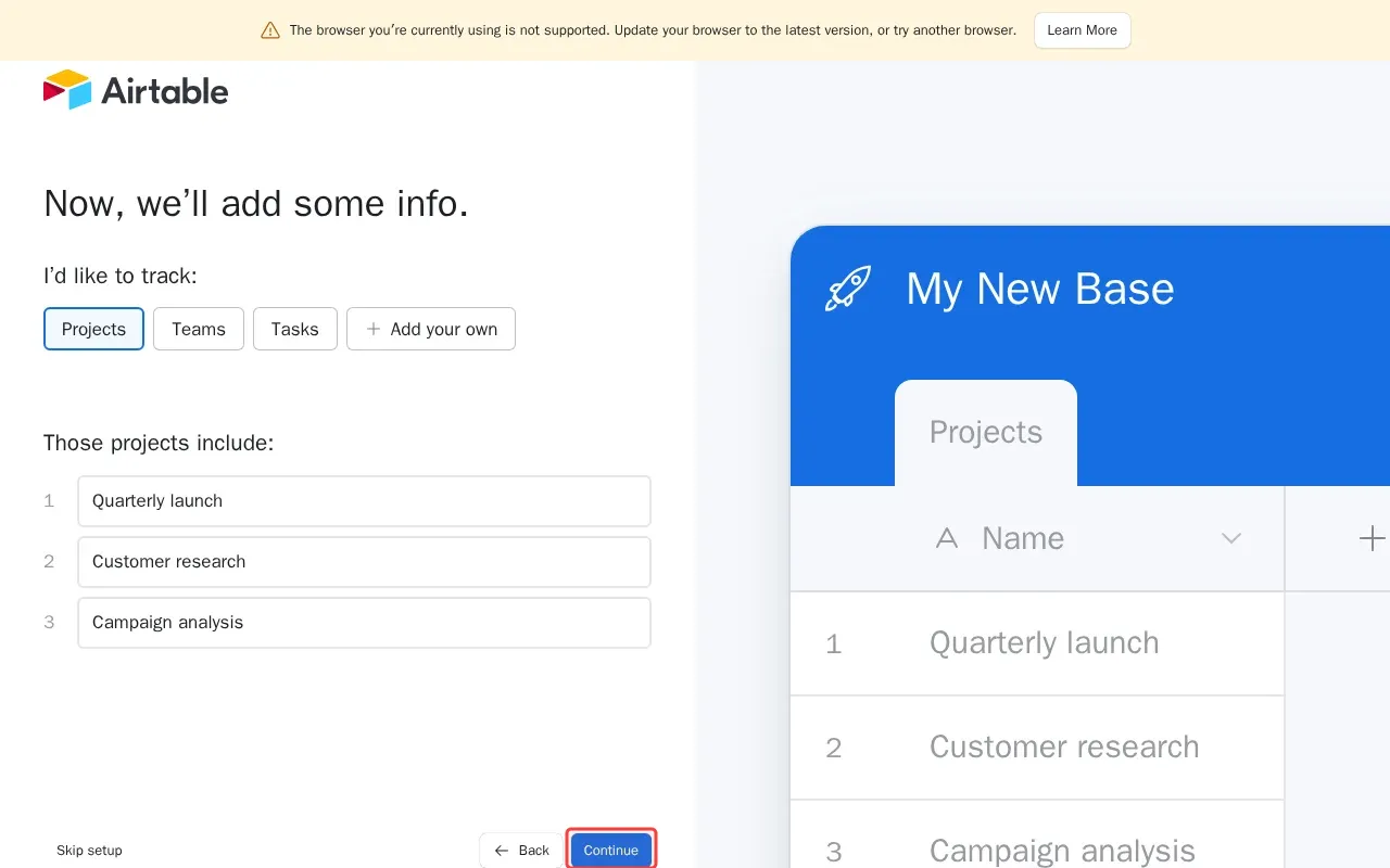 Screenshot showing clicking Continue to complete the base creation process