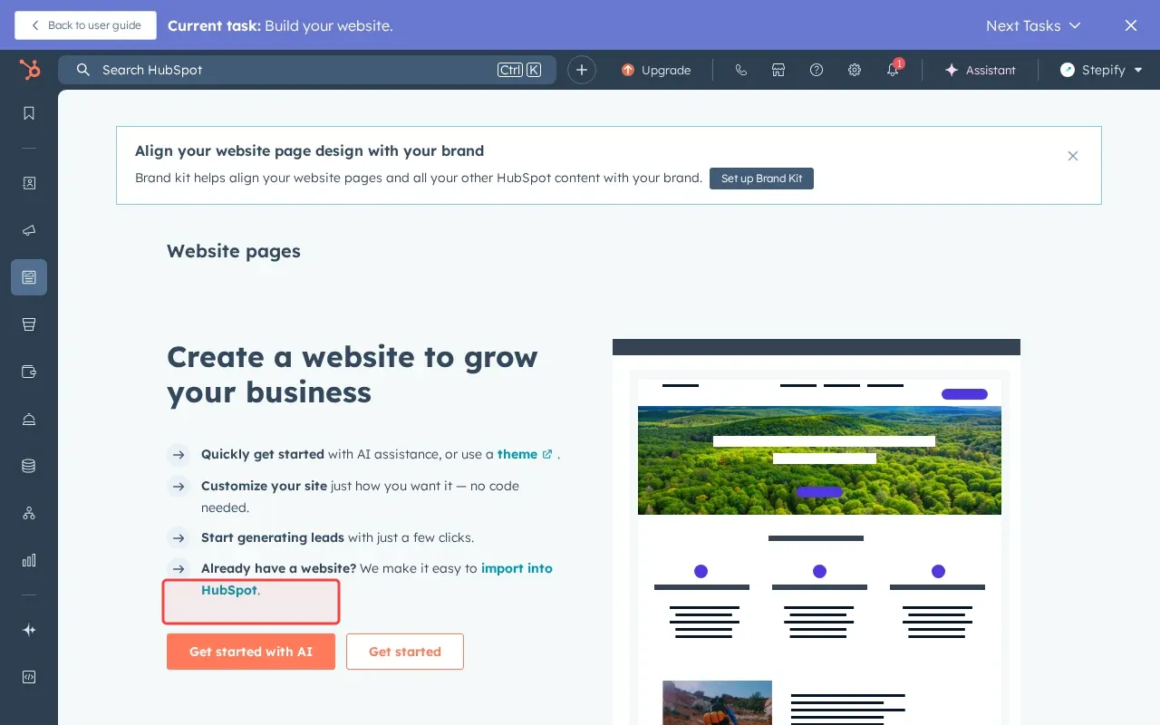 Screenshot showing clicking the orange Get started with AI to launch HubSpots AI-assisted website builder