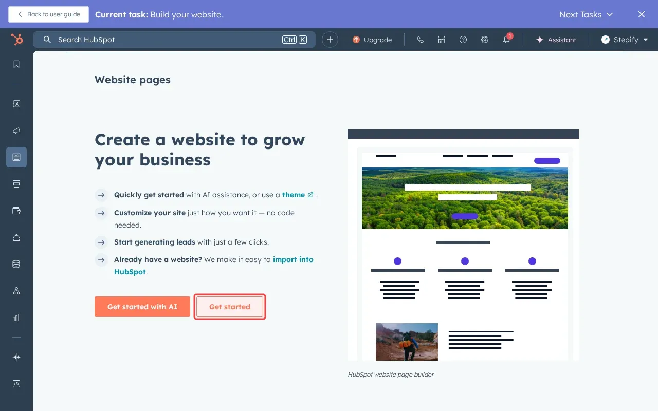 Screenshot showing clicking Get started to launch HubSpots standard website builder interface