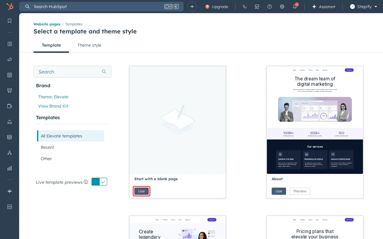 Screenshot showing clicking Use under Start with a blank page to create a new blank webpage