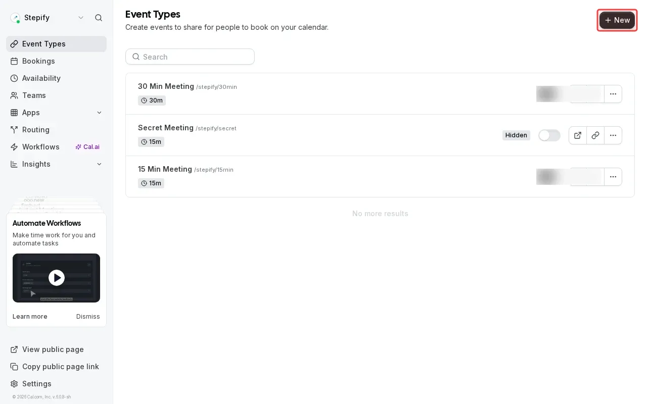 Screenshot showing clicking New to create a new event type
