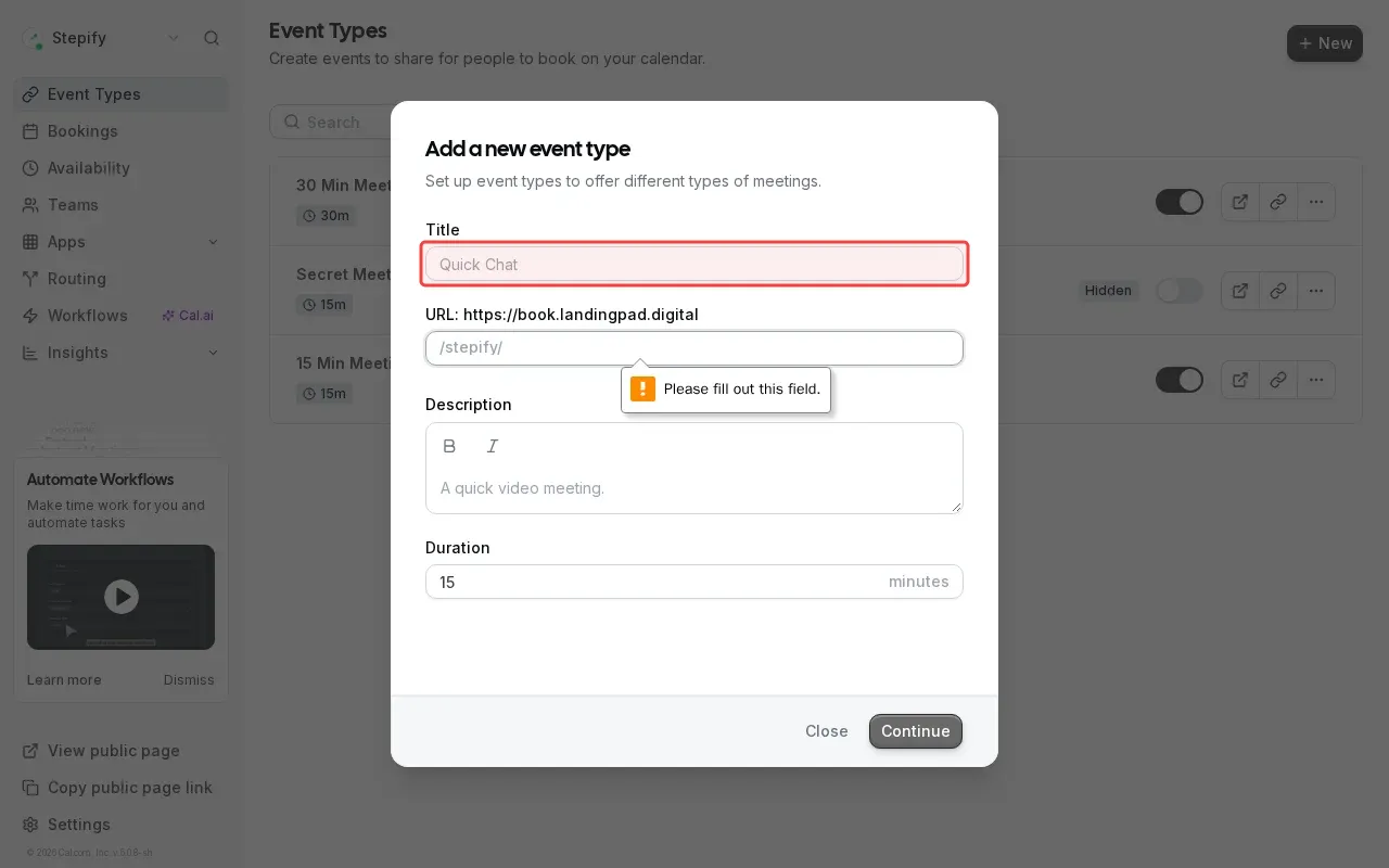 Screenshot showing typing event title in the title field