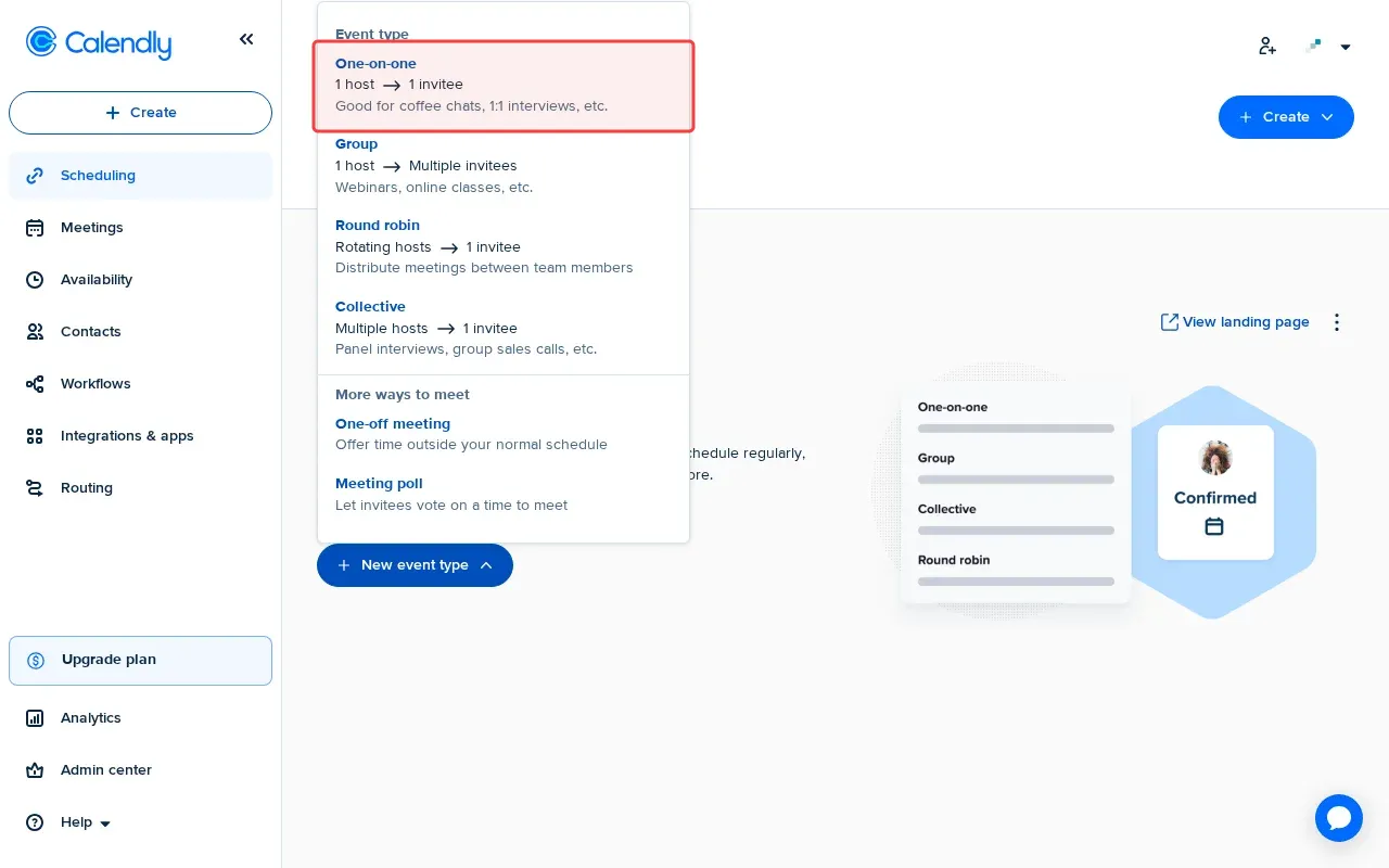 Screenshot showing selecting One-on-One event type for single host meetings