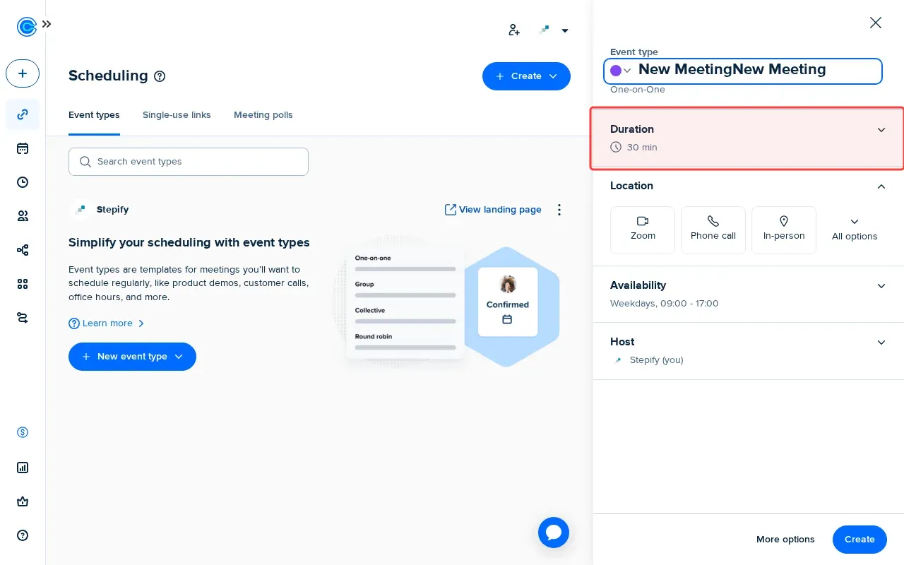 Screenshot showing clicking Duration selector to set meeting length