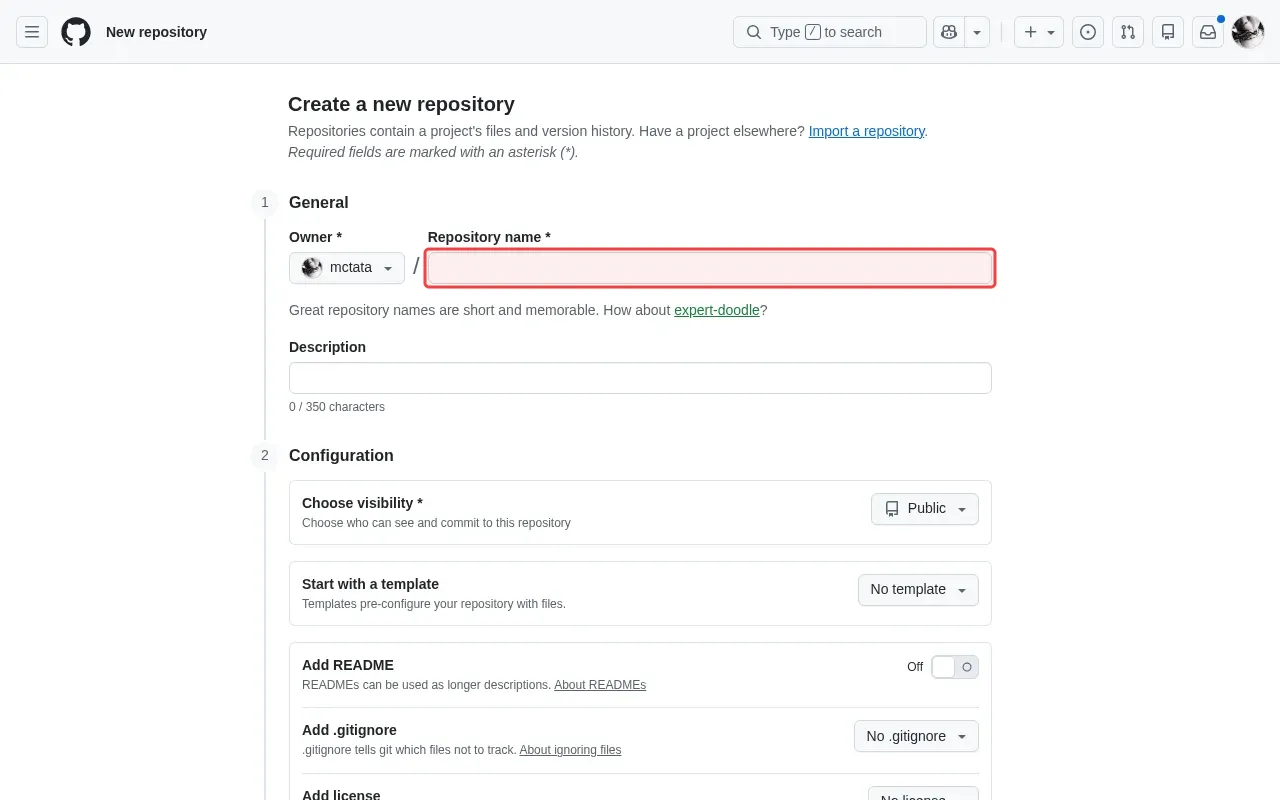 Screenshot showing typing repository name in the name field