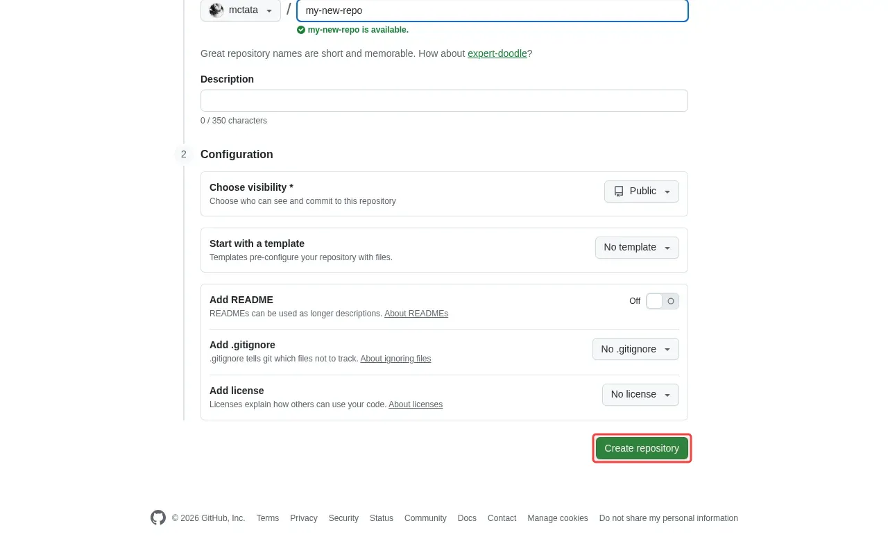Screenshot showing clicking Create repository to finalize creation