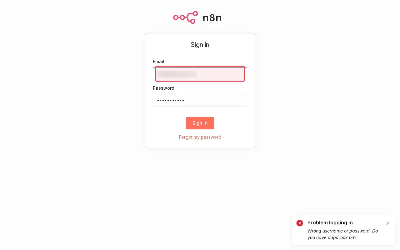 Screenshot showing clear email field and type valid admin credentials
