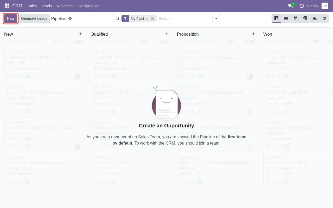 Screenshot showing clicking New button to create a new lead