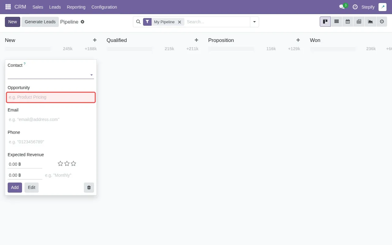 Screenshot showing typing New Sales Lead in the Opportunity field