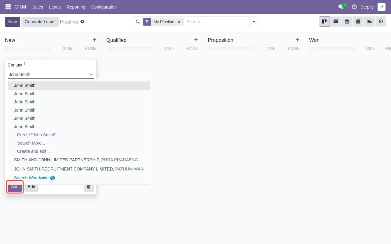 Screenshot showing clicking Add button to save the new lead