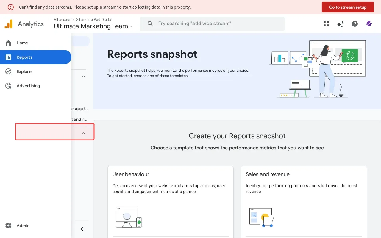 Screenshot showing clicking User to expand user behavior reports section