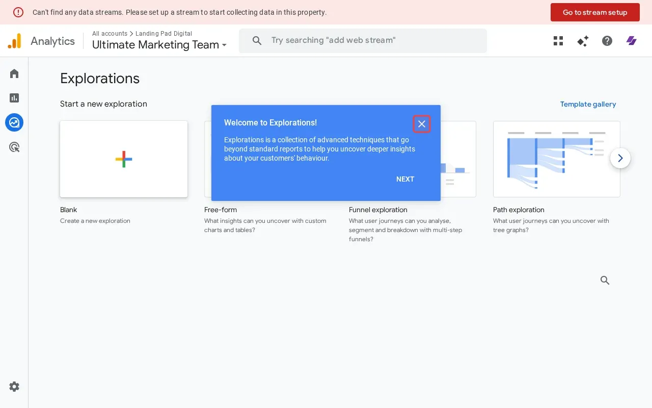 Screenshot showing closing the welcome modal to access explorations