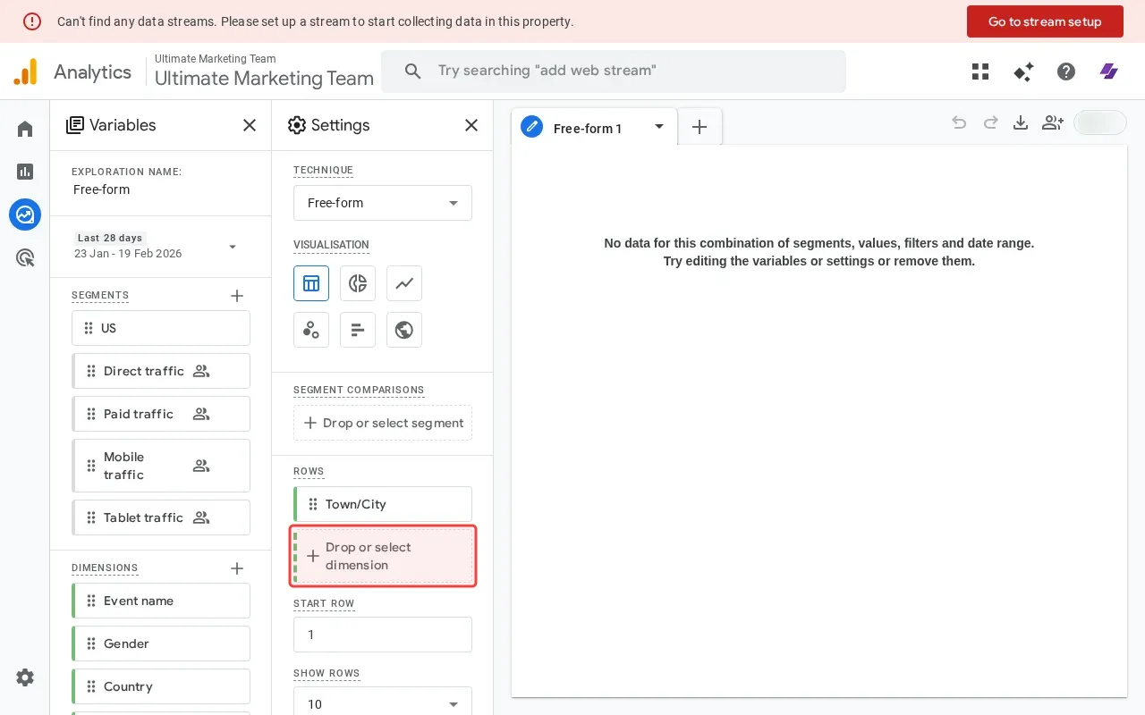 Screenshot showing clicking Drop or select dimension to add pages dimension