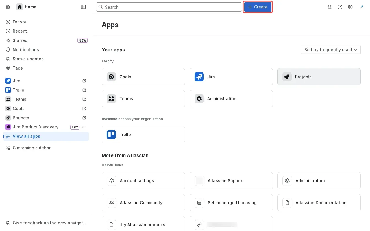 Screenshot showing clicking Create to explore creation options