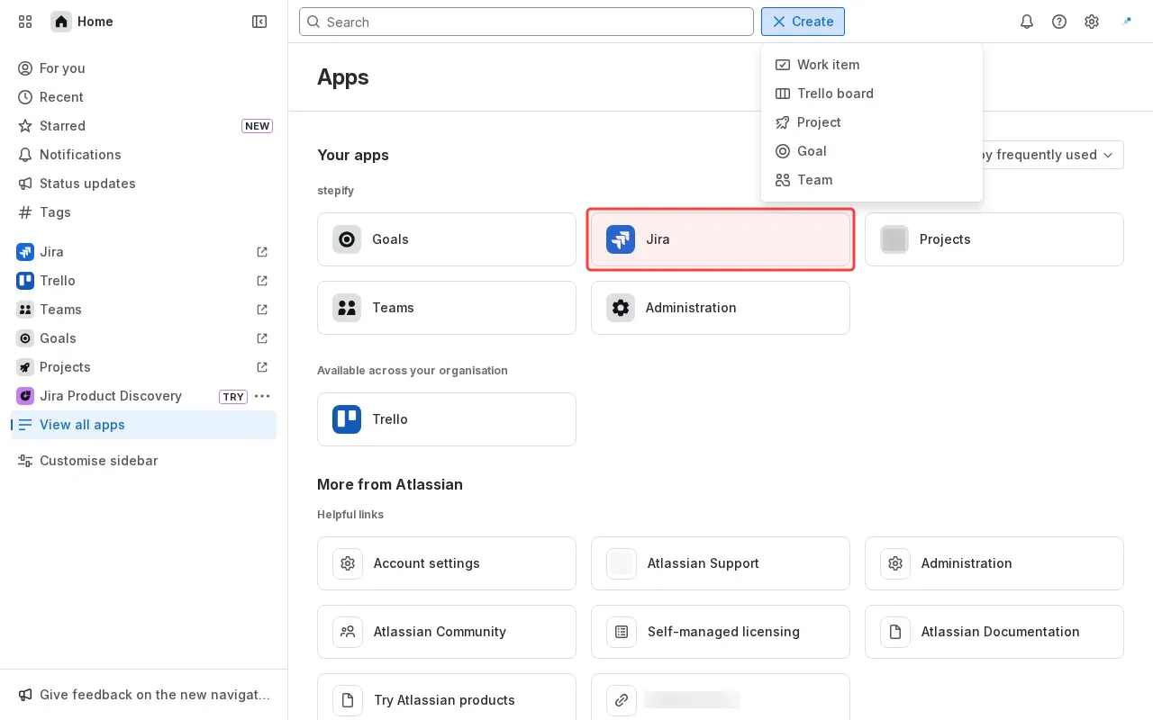 Screenshot showing clicking Jira to access Atlassian workspace