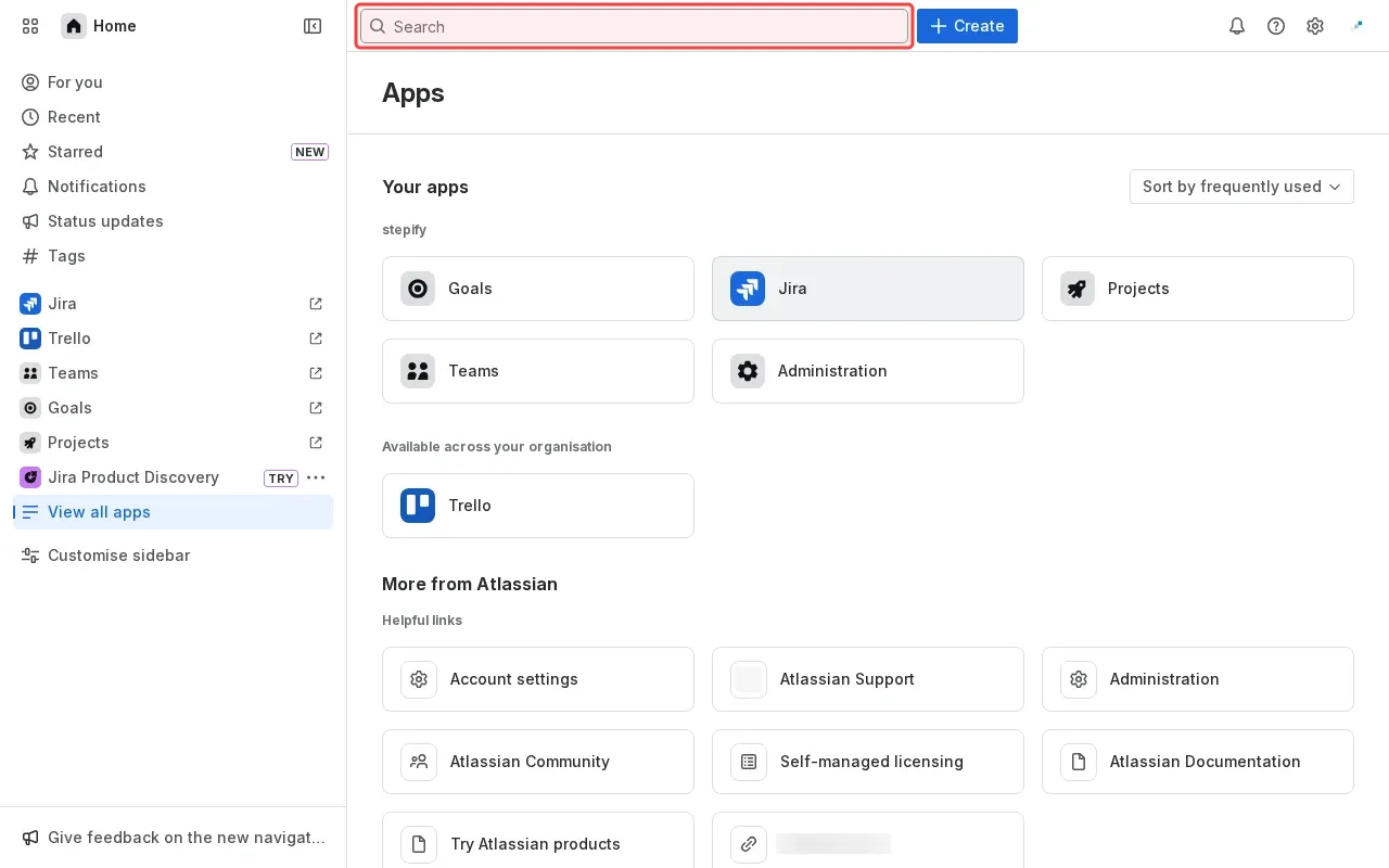 Screenshot showing typing Confluence in the search box to find the app