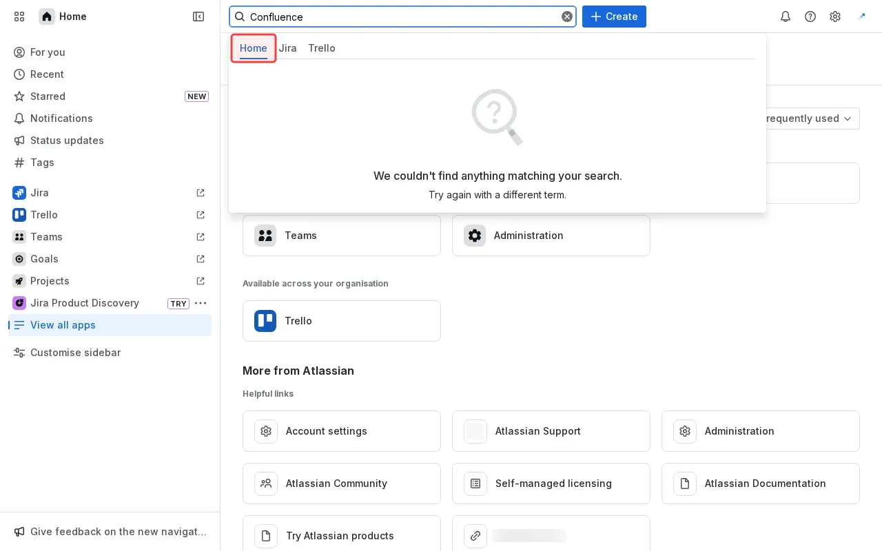 Screenshot showing clicking Home to find Confluence