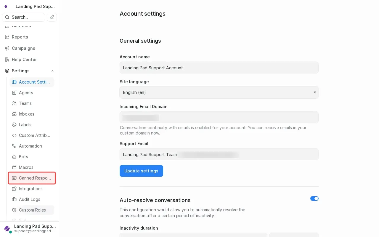 Screenshot showing clicking Canned Responses in the settings menu