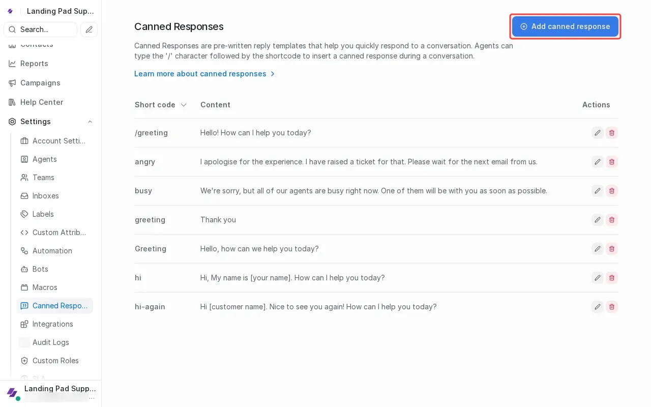 Screenshot showing clicking Add canned response button to open form