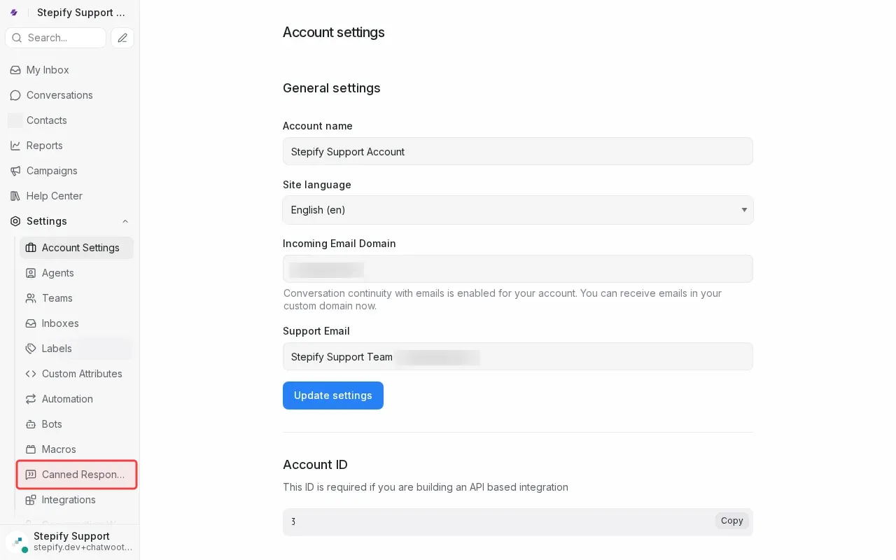 Screenshot showing clicking Canned Responses in the settings menu