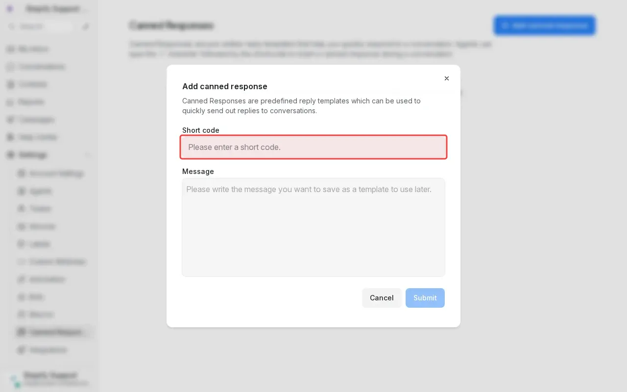Screenshot showing typing greeting in the short code field