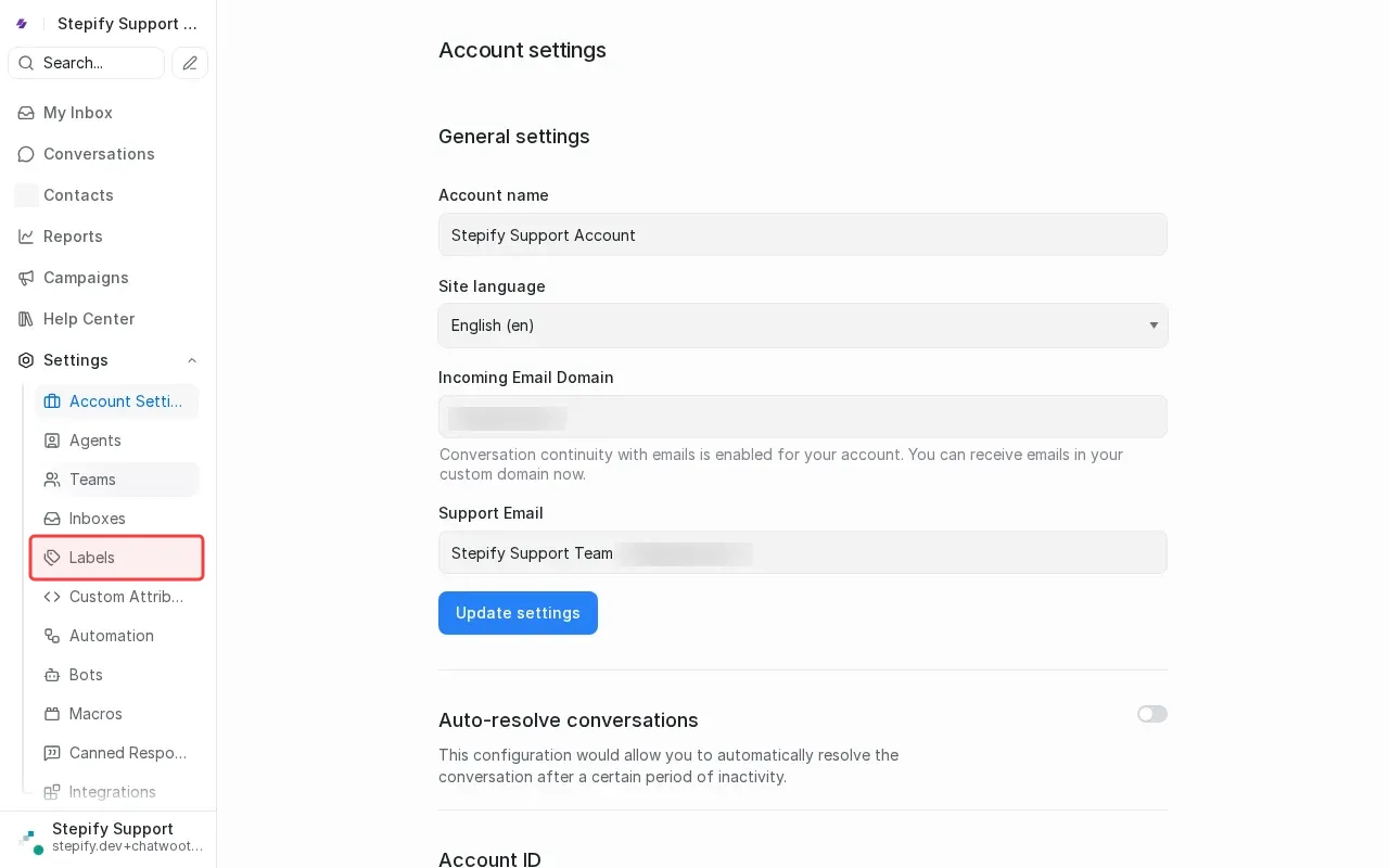 Screenshot showing clicking Labels in settings menu to manage labels