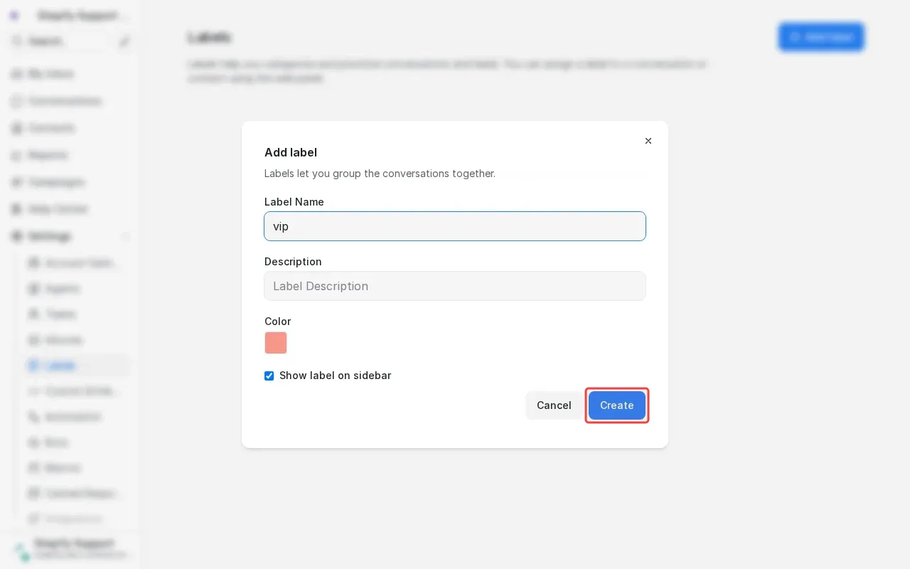 Screenshot showing clicking Create to save the VIP label