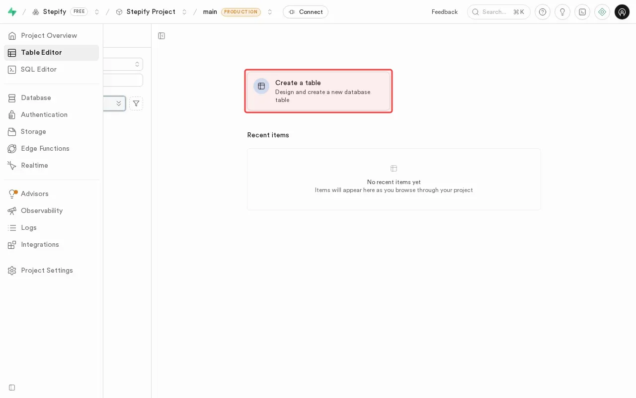 Screenshot showing clicking Create a table to start table creation
