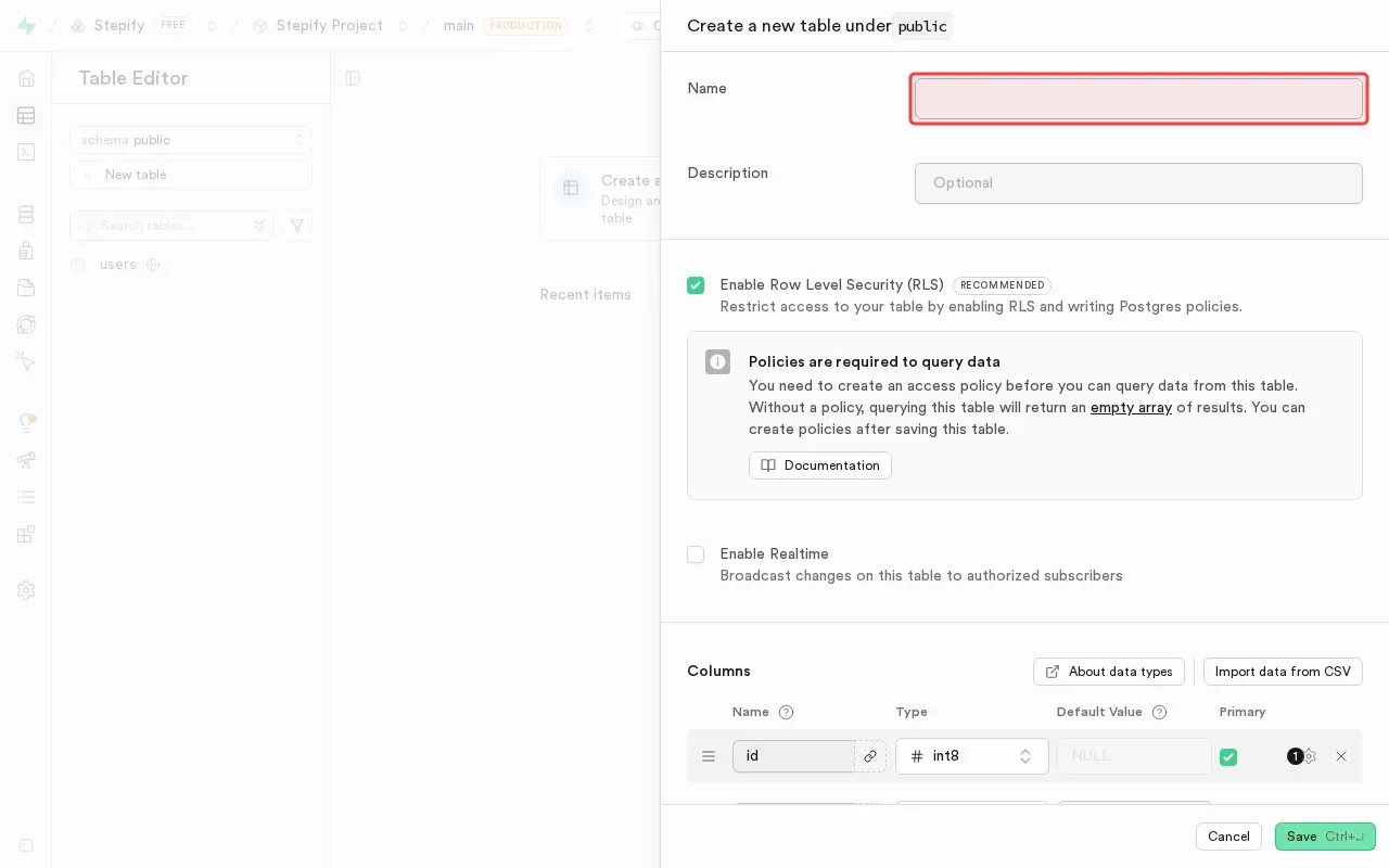 Screenshot showing typing users in the name field to set table name